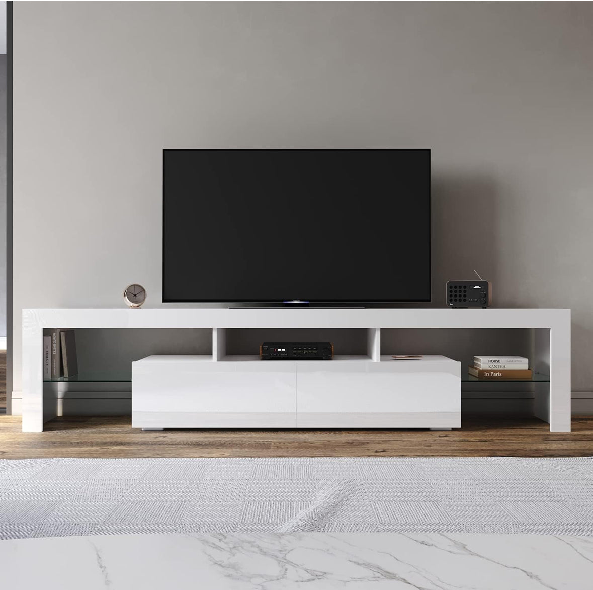 White TV Unit High Gloss Finish with Drawer – 190cm