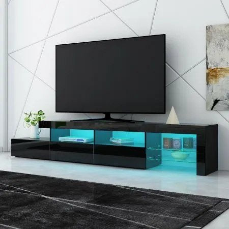 TV Cabinet Entertainment Unit Stand RGB LED Gloss Furniture 215cm Black