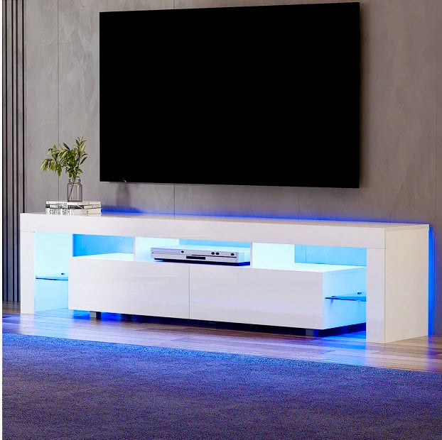 TV Cabinet Entertainment Unit Stand RGB LED Gloss Furniture 200cm White