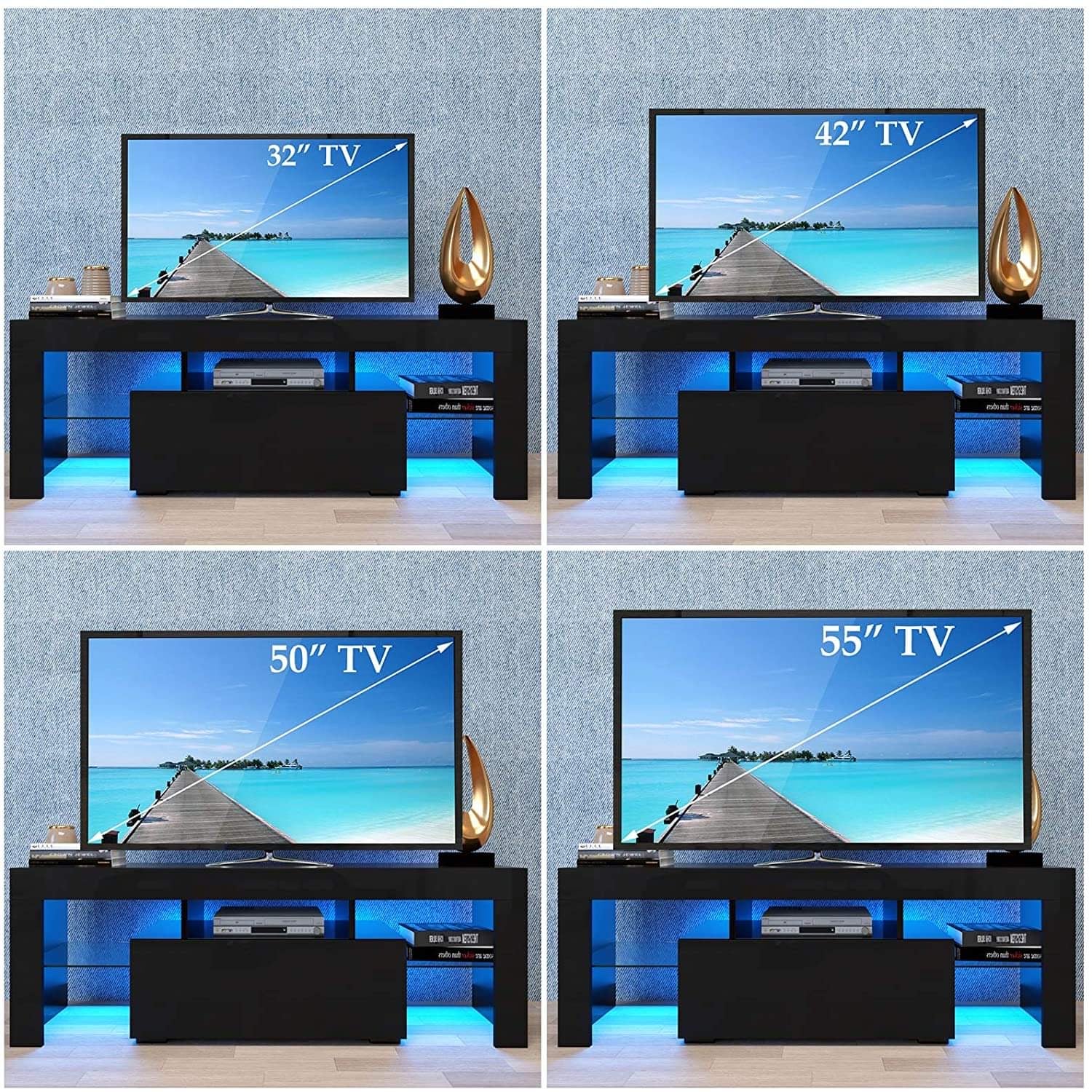 Modern Entertainment Unit TV Cabinet LED 130cm Black Gloss Finish