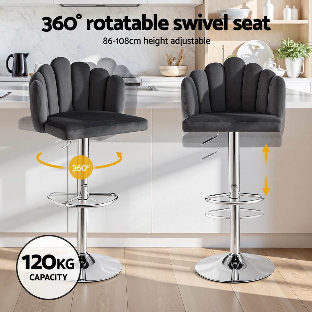 Bar Stool X2 Kitchen Dining Counter Gaslift Chair Adjustable Velvet Grey