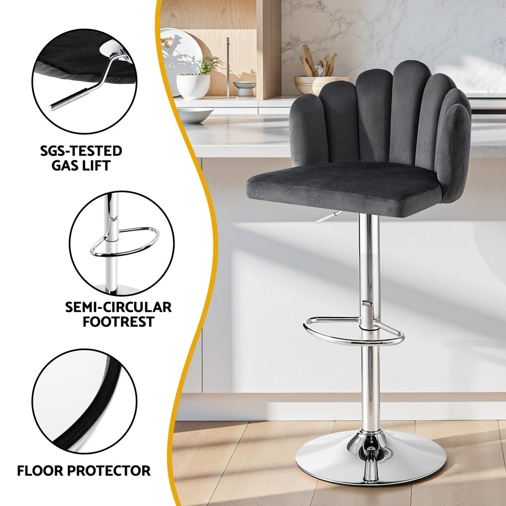 Bar Stool X4 Kitchen Dining Counter Gaslift Chair Adjustable Velvet Grey