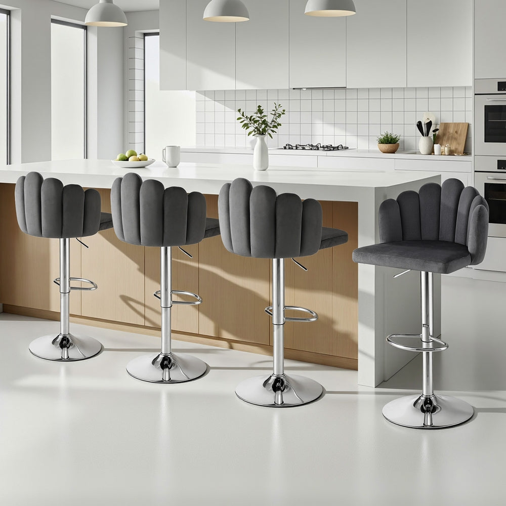 Bar Stool X4 Kitchen Dining Counter Gaslift Chair Adjustable Velvet Grey