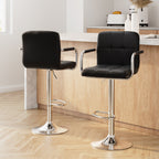 2x Bar Stools Leather Gas Lift w/Armrest Black