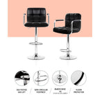 2x Bar Stools Leather Gas Lift w/Armrest Black