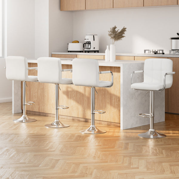 Modern Set of 4  Bar Stools Leather Gas Lift w/Armrest White