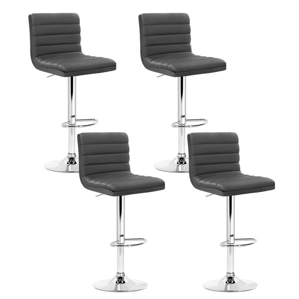 Modern Set of 4 PU Leather Lined Pattern Bar Stools- Grey and Chrome
