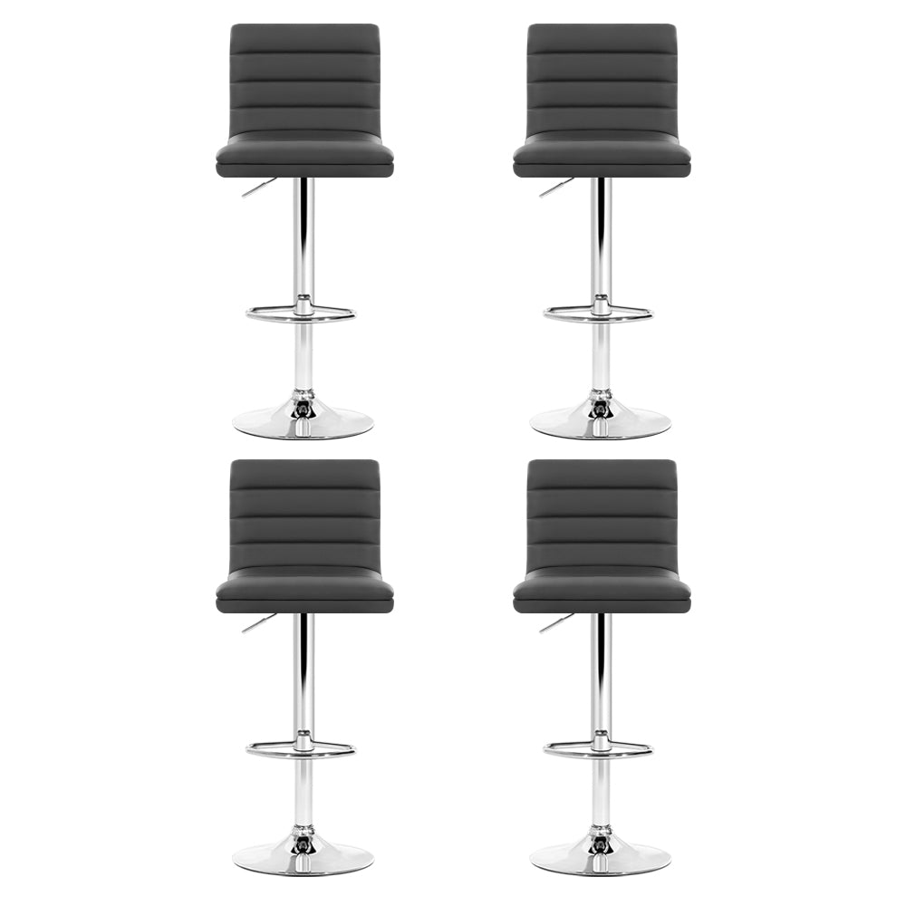 Modern Set of 4 PU Leather Lined Pattern Bar Stools- Grey and Chrome
