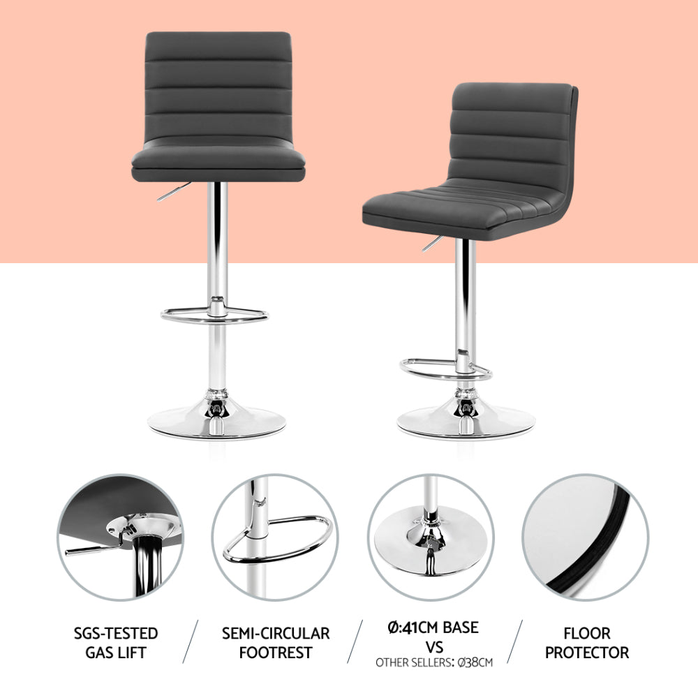 Modern Set of 4 PU Leather Lined Pattern Bar Stools- Grey and Chrome