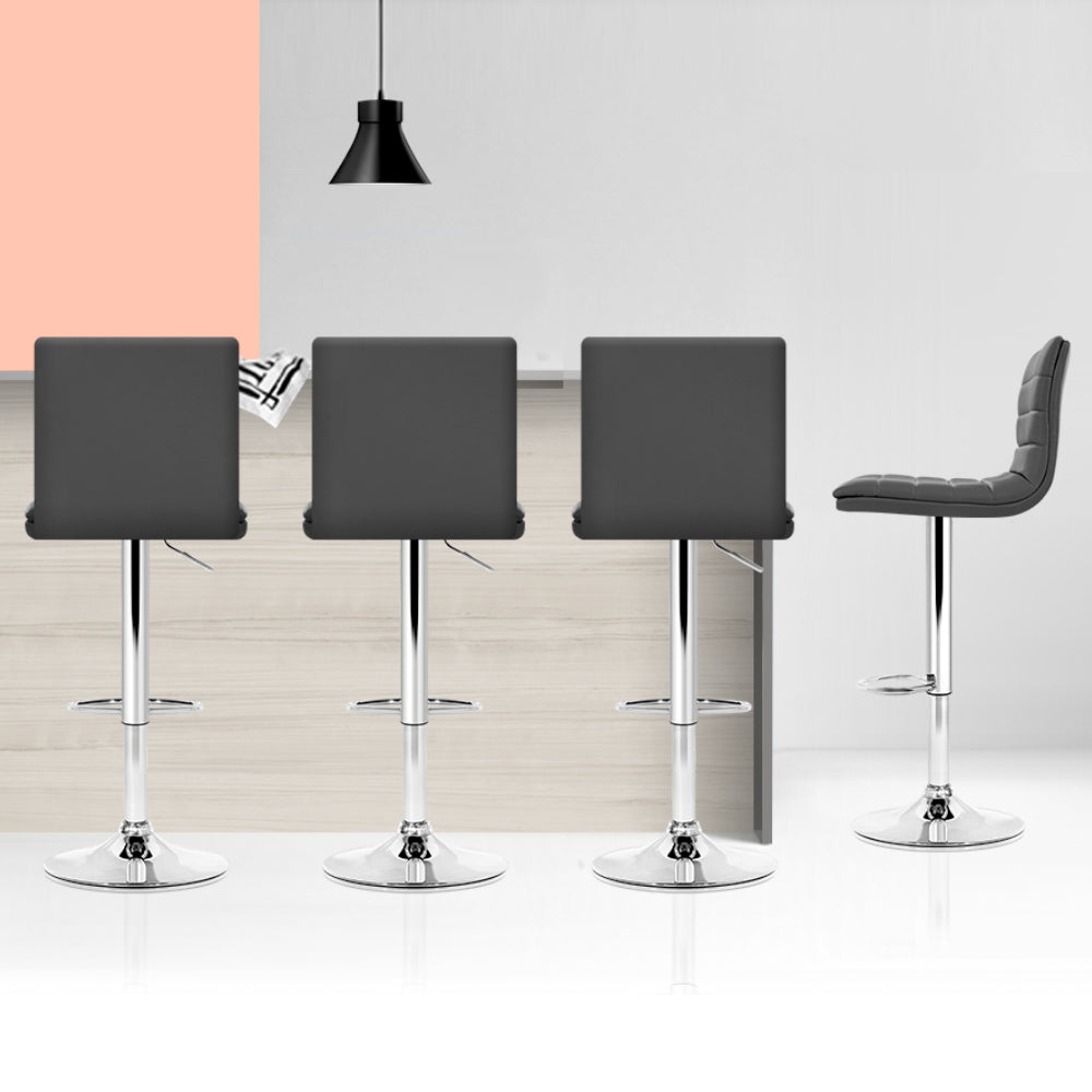 Modern Set of 4 PU Leather Lined Pattern Bar Stools- Grey and Chrome