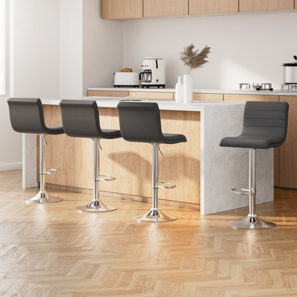 Modern Set of 4 PU Leather Lined Pattern Bar Stools- Grey and Chrome