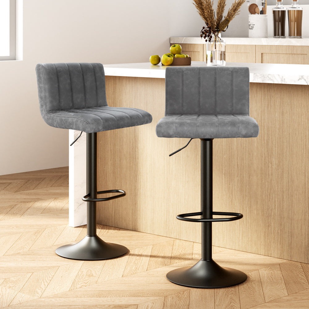 Modern 2x Bar Stools Vintage Leather Gas Lift Grey
