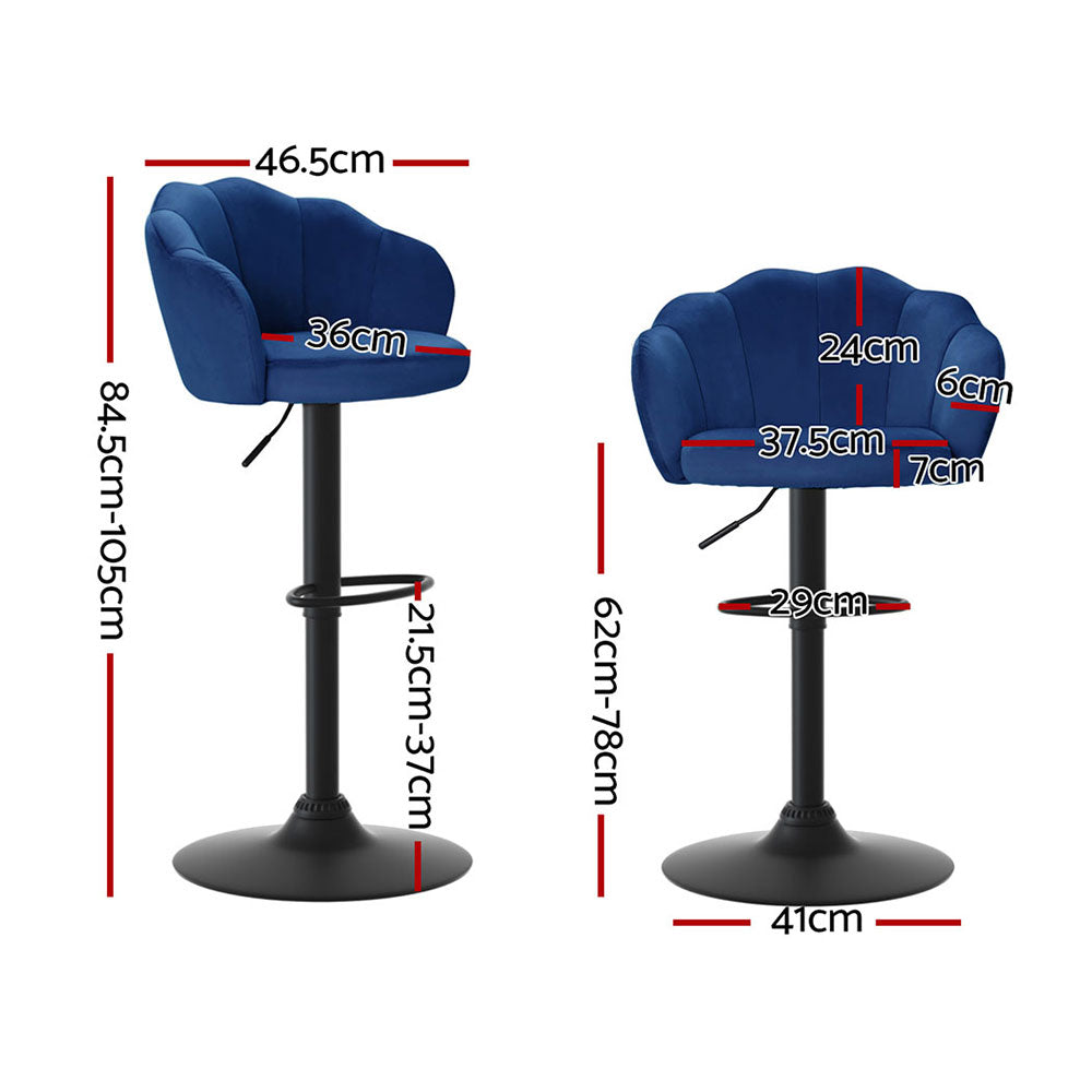 4x Bar Stools Gas Lift Velvet Blue