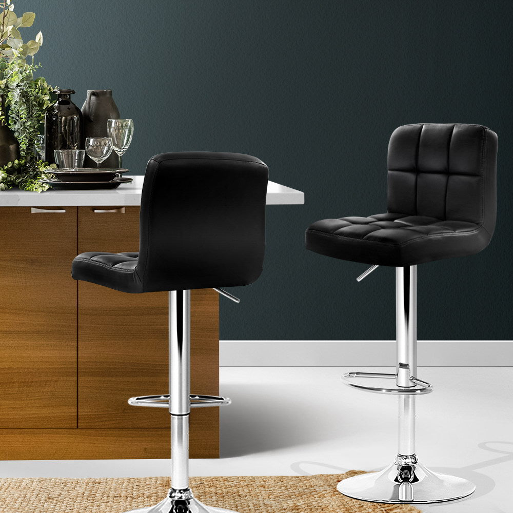 2x Bar Stools Leather Gas Lift Black