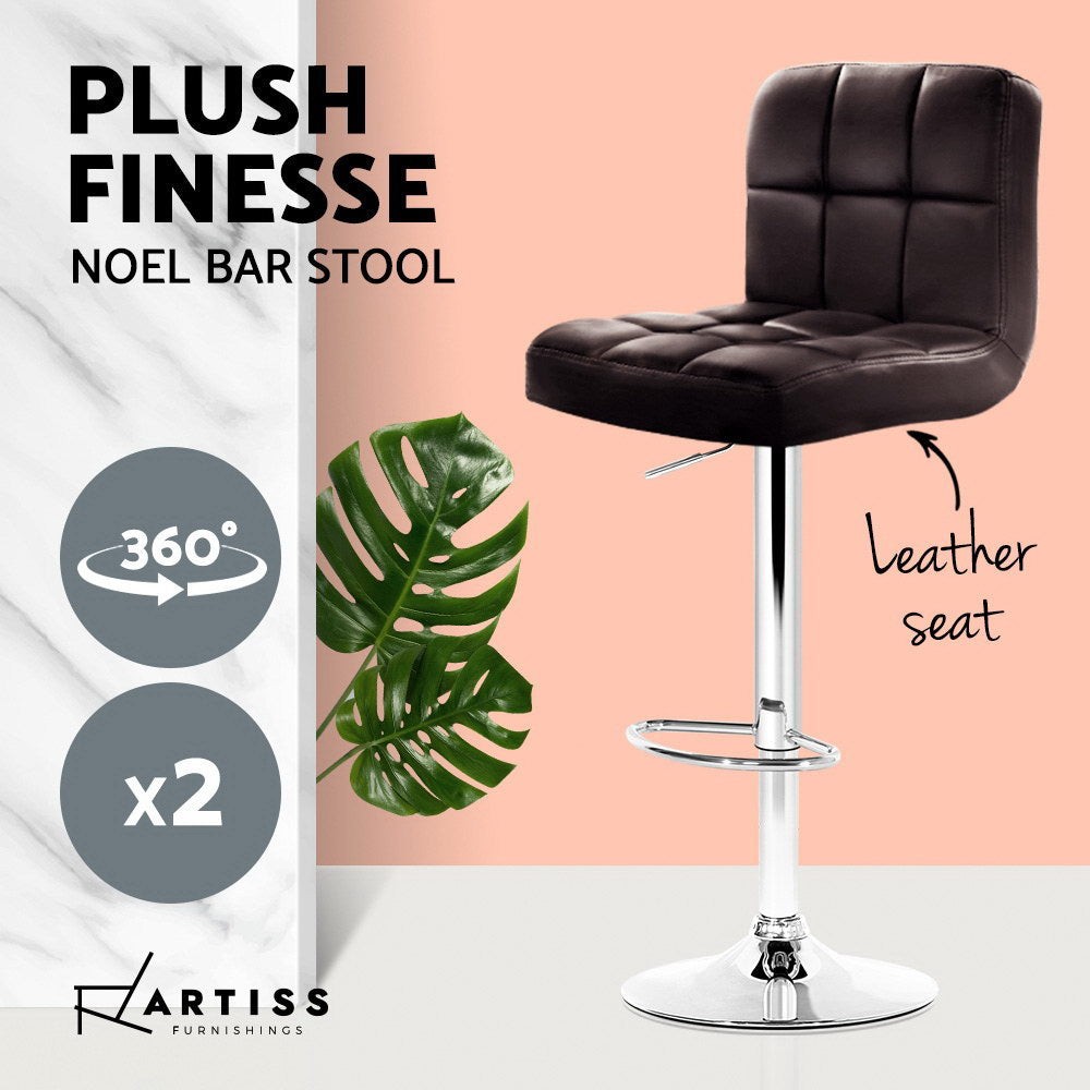 2x Bar Stools Leather Gas Lift Brown