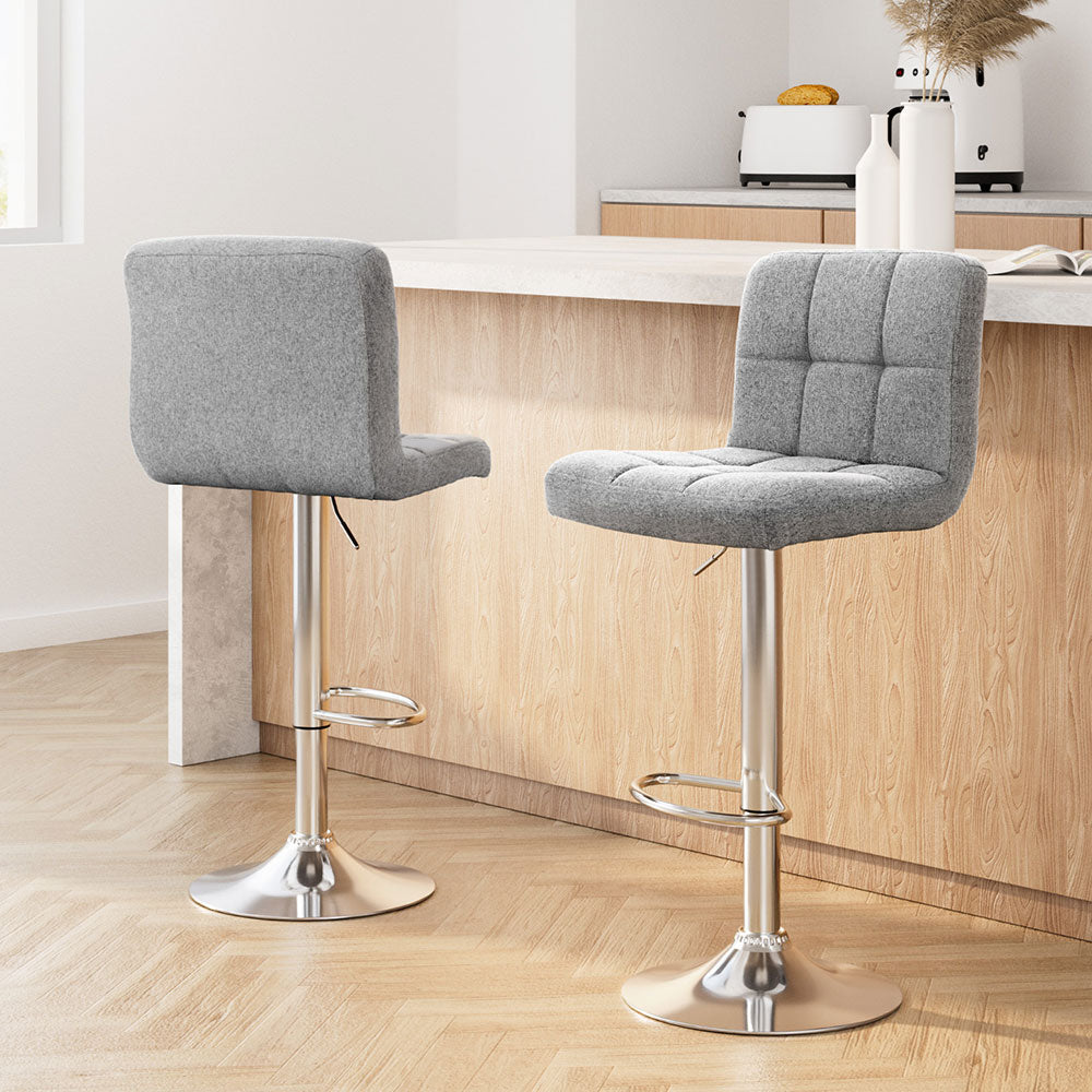 2x Bar Stools Kitchen Dining Chairs Counter Stool Gas Lift Fabric Grey