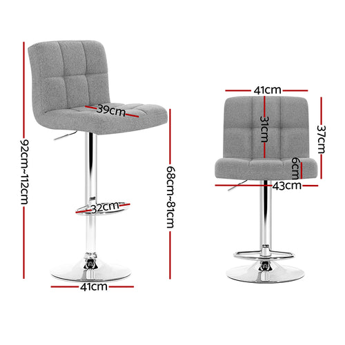 2x Bar Stools Kitchen Dining Chairs Counter Stool Gas Lift Fabric Grey