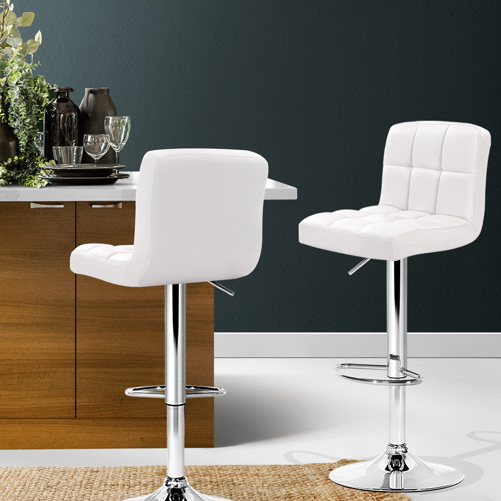 2x Bar Stools Leather Gas Lift White