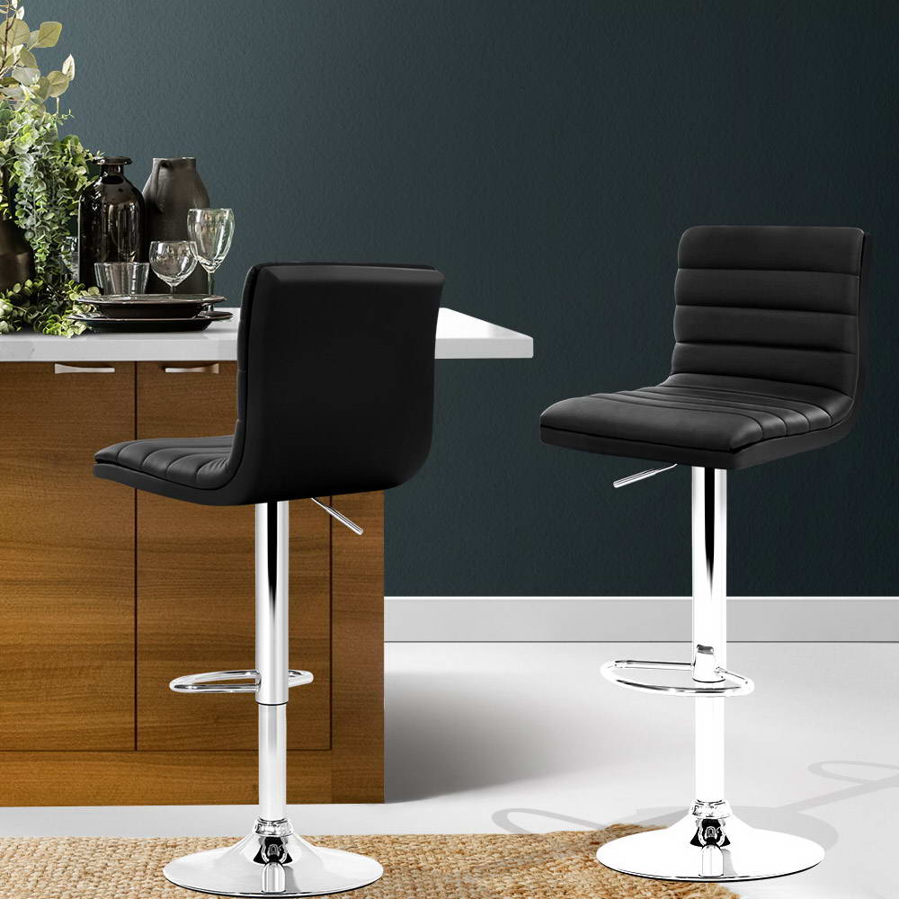 Modern 2x Bar Stools Padded Leather Gas Lift Black