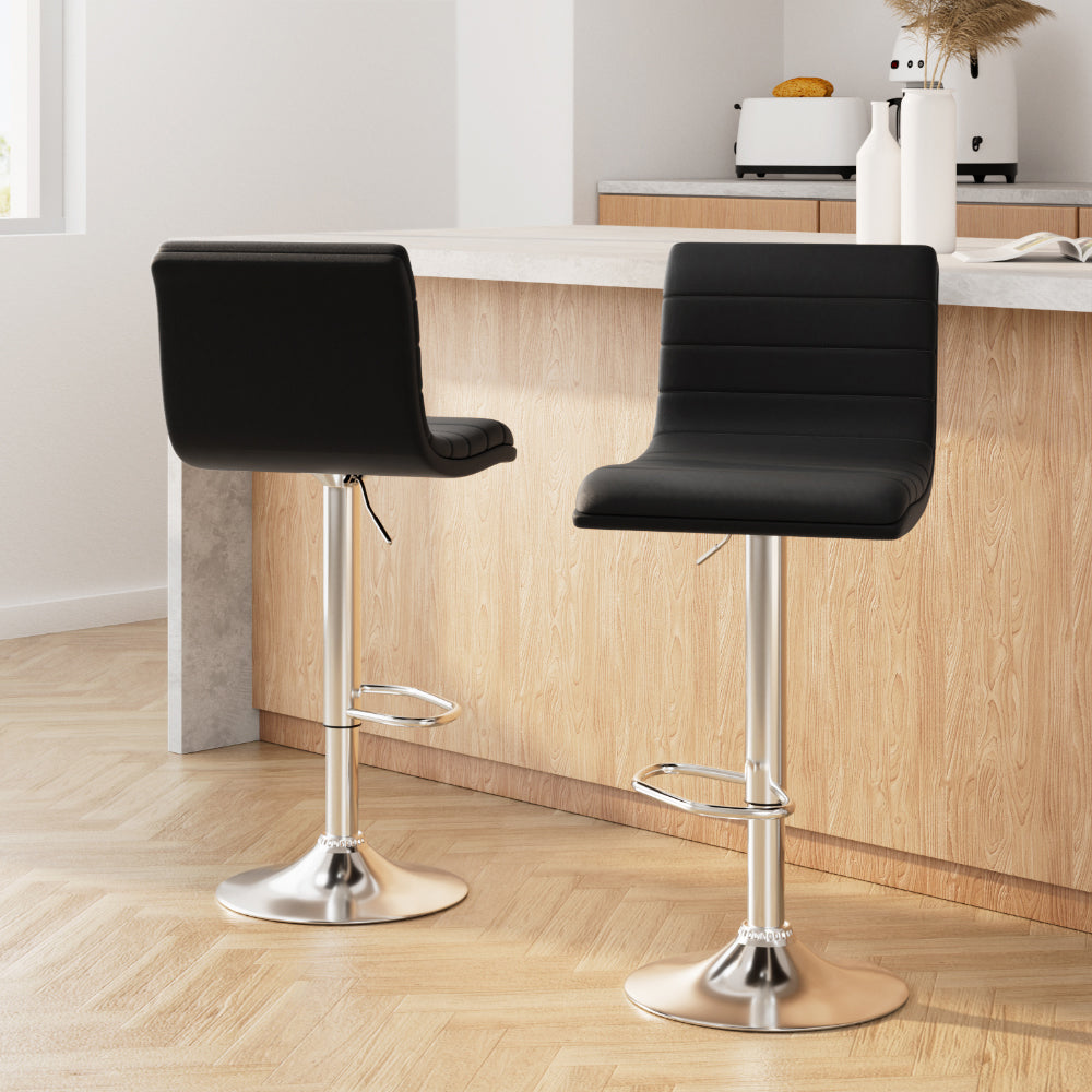Modern 2x Bar Stools Padded Leather Gas Lift Black