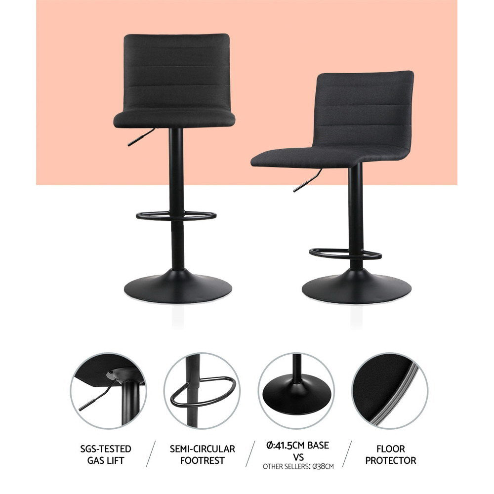 2x Bar Stools Gas Lift Linen Fabric Black