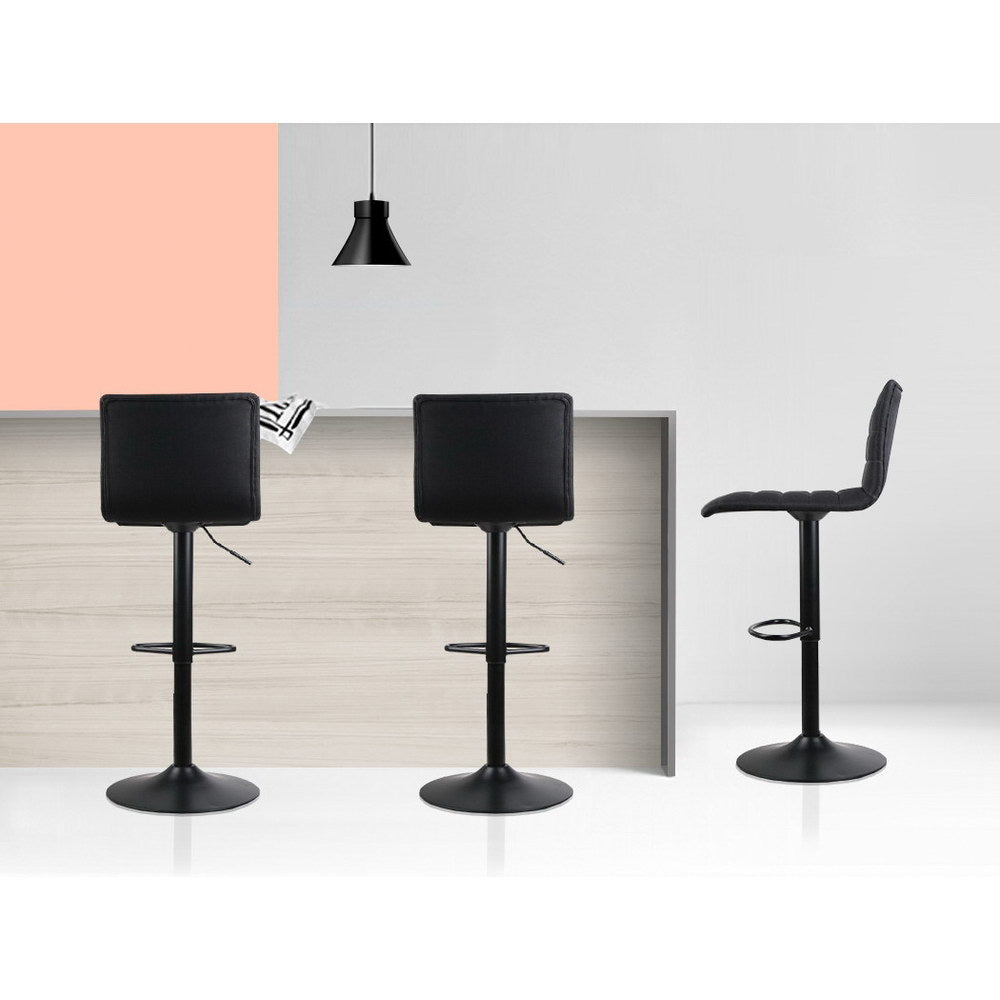 2x Bar Stools Gas Lift Linen Fabric Black