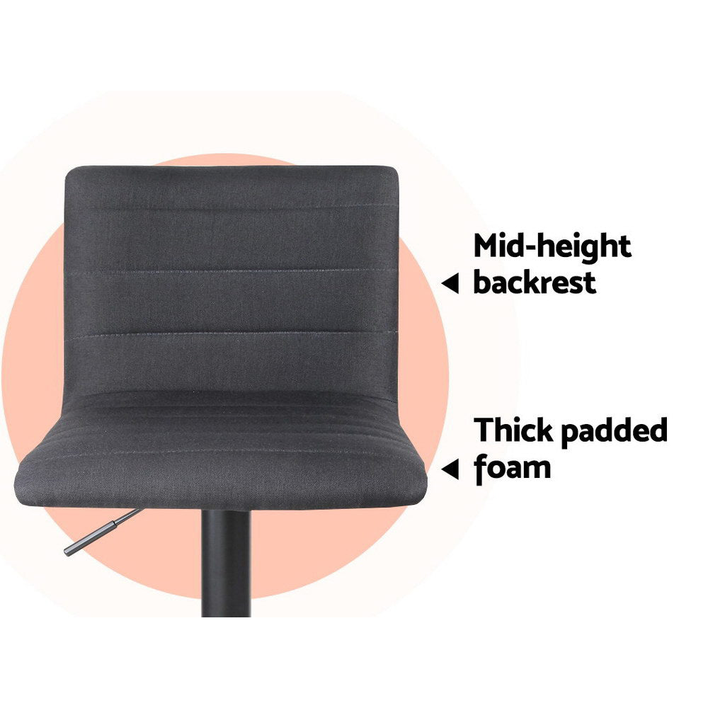 2x Bar Stools Gas Lift Linen Fabric Black