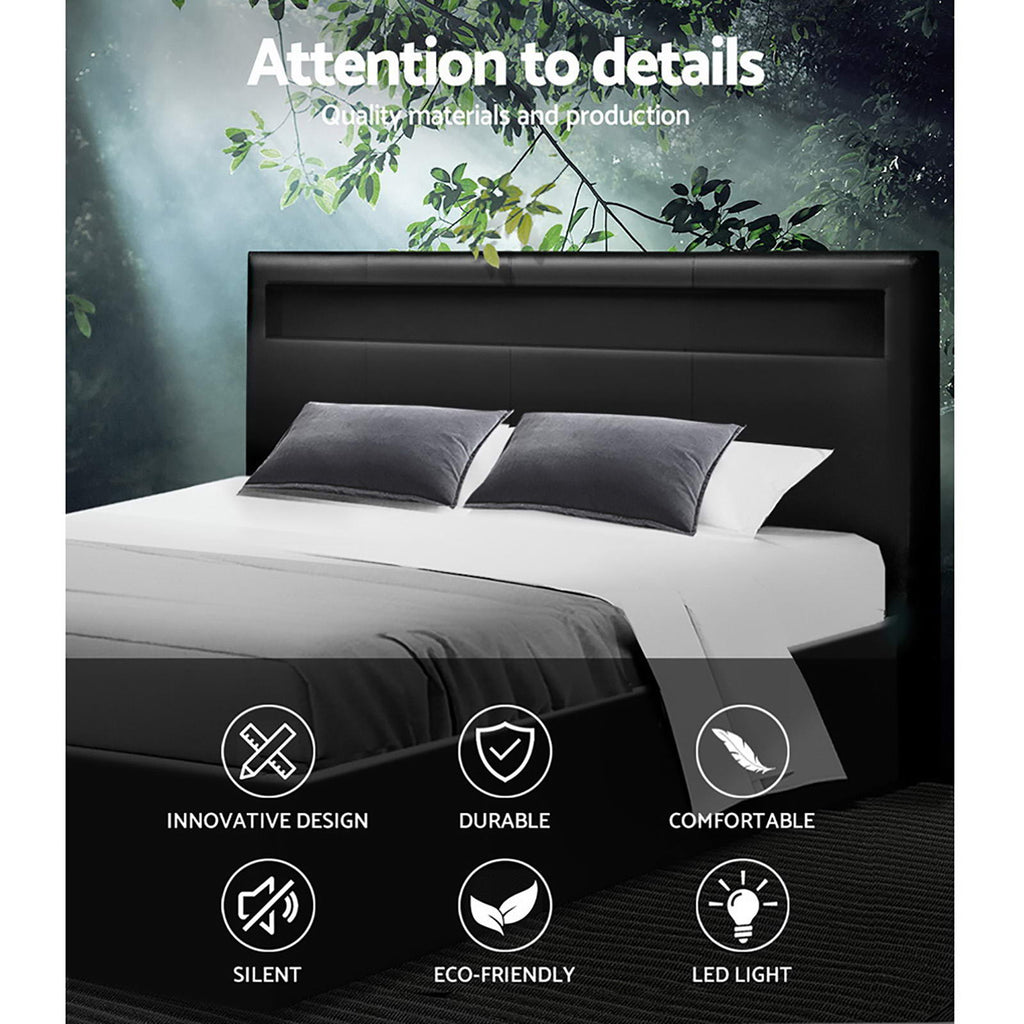 Black LED Bed Frame Double Size Gas Lift COLE