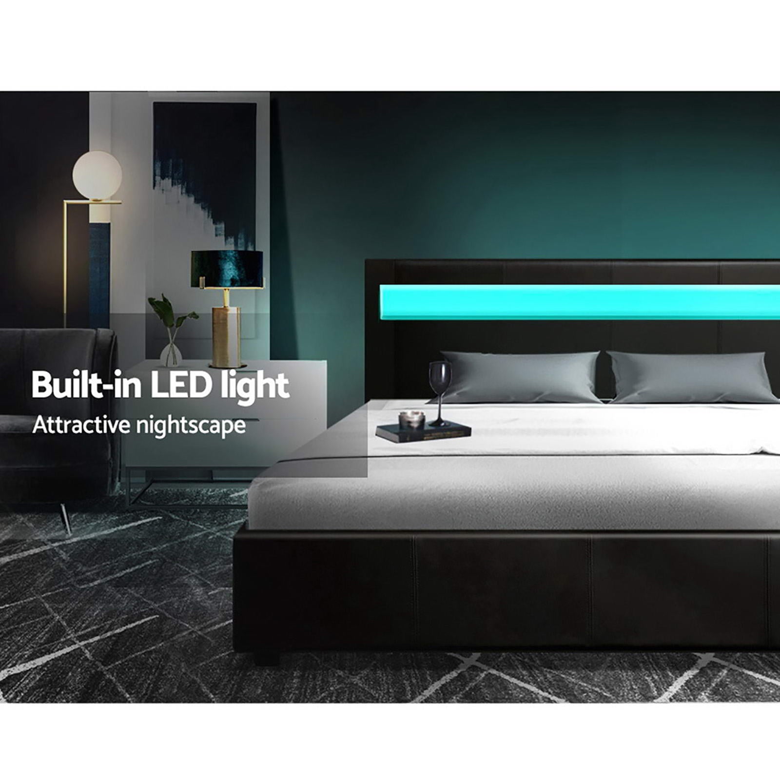 Black LED Bed Frame Double Size Gas Lift COLE