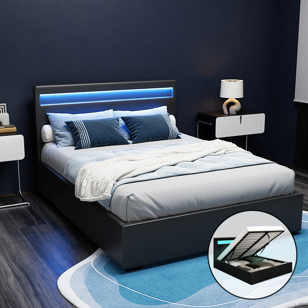 Black LED Bed Frame Double Size Gas Lift COLE