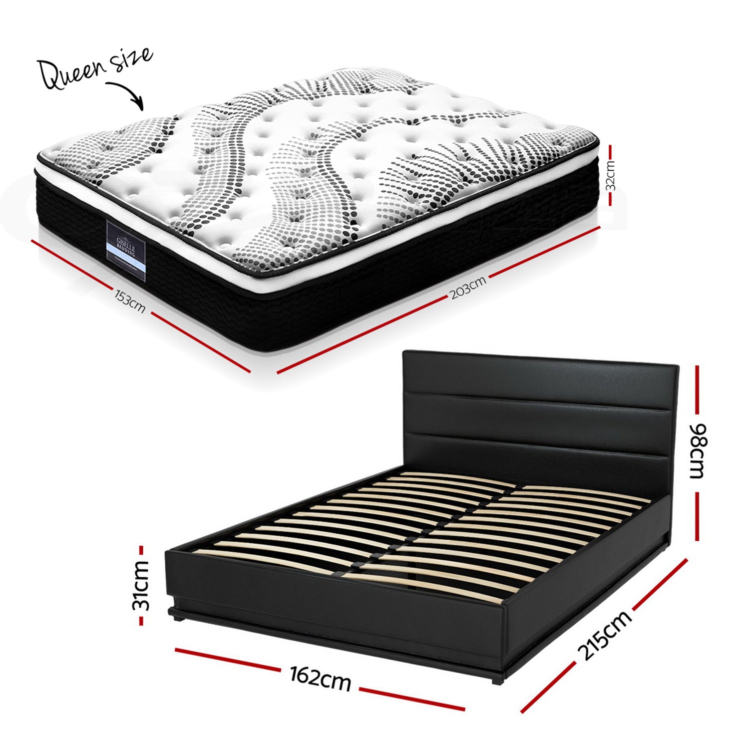 Bed with mattress RGB LED Queen Bed Frame with 32cm Giselle Mattress Set