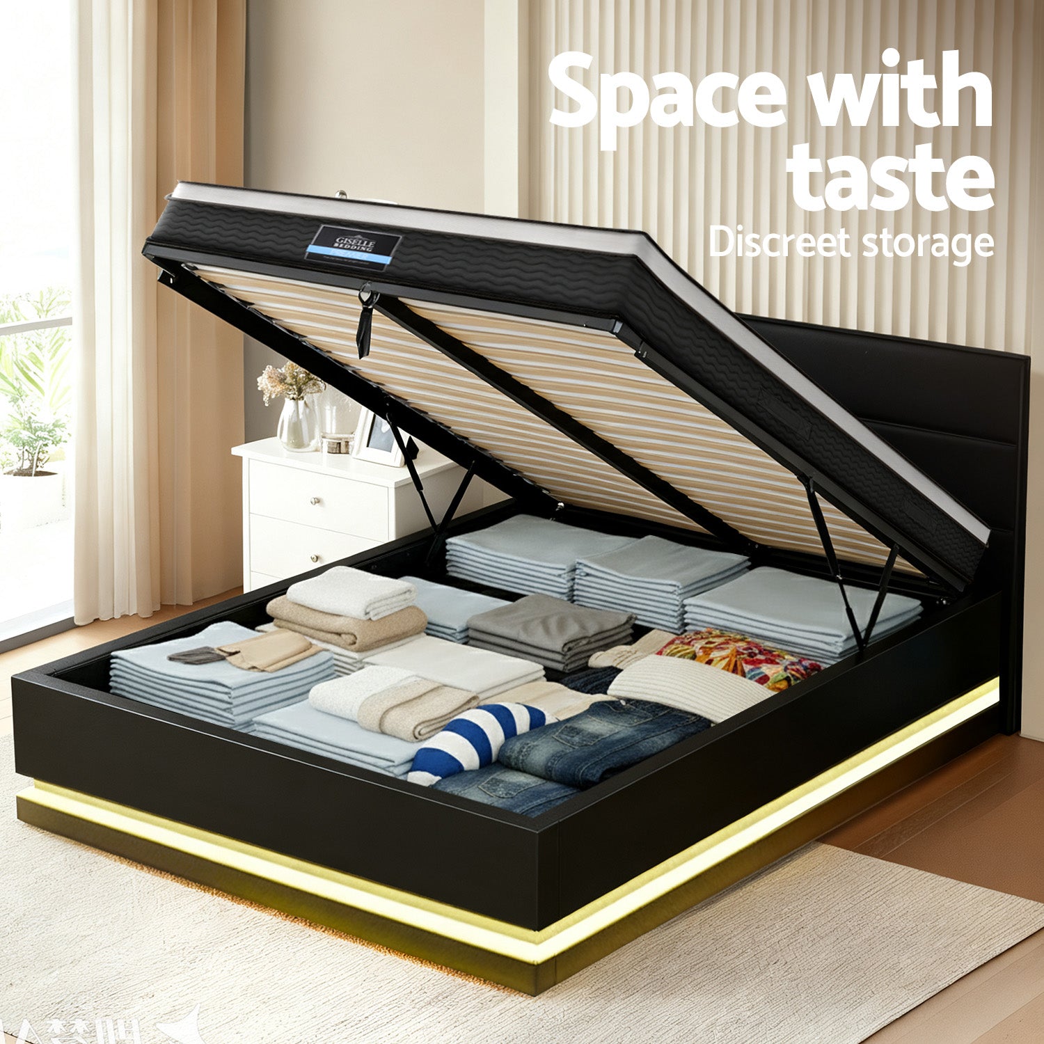 Bed with mattress RGB LED Queen Bed Frame with 32cm Giselle Mattress Set