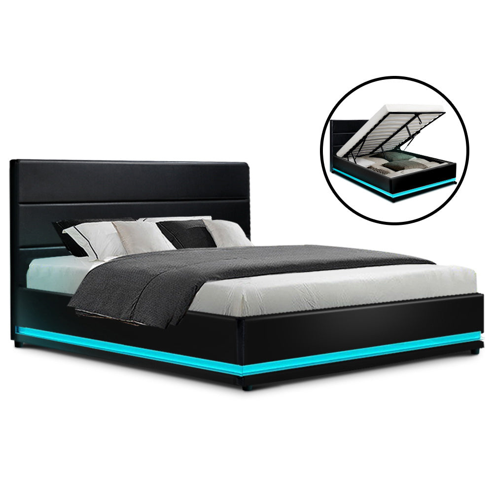 Bed Frame Double Size LED Gas Lift Black