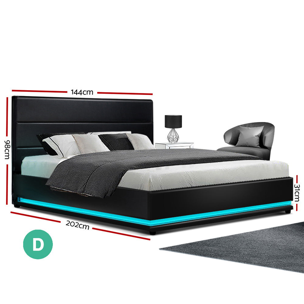 Bed Frame Double Size LED Gas Lift Black