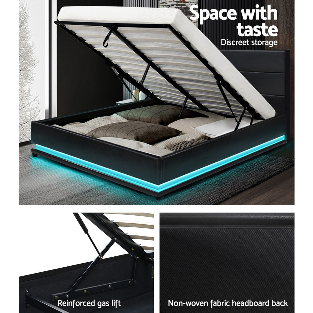 Bed Frame Double Size LED Gas Lift Black