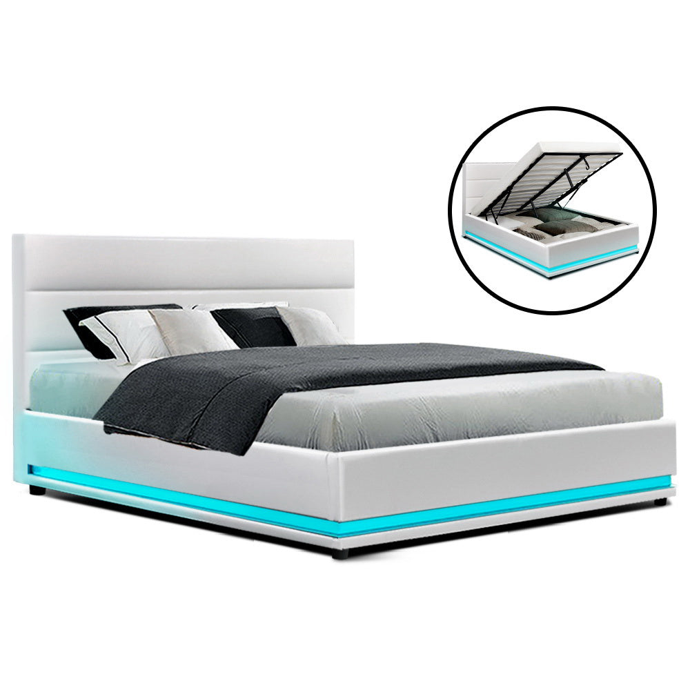 White LUMMI Bed Frame Double Size LED Gas Lift