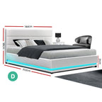 White LUMMI Bed Frame Double Size LED Gas Lift
