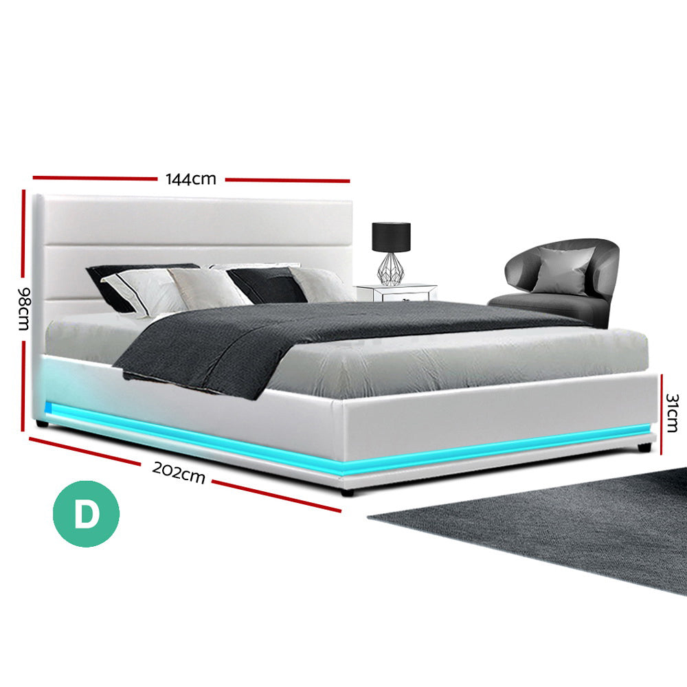White LUMMI Bed Frame Double Size LED Gas Lift