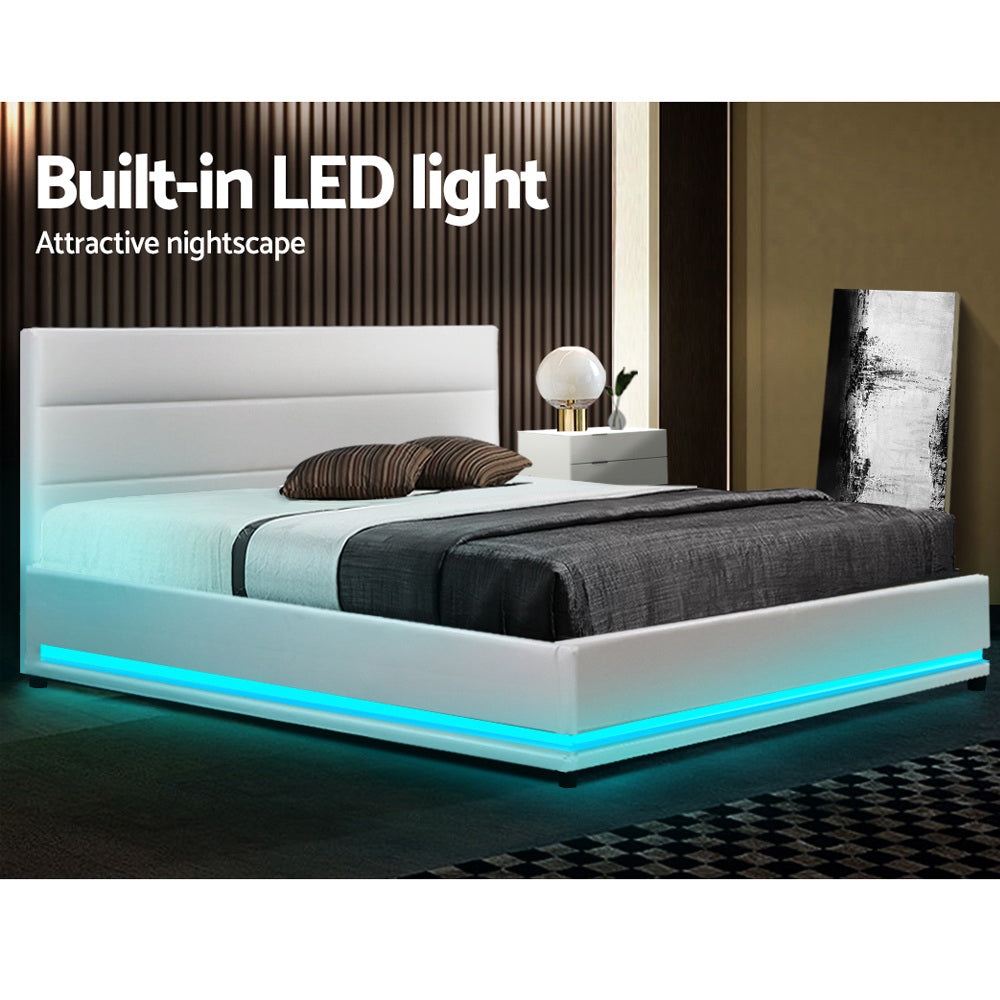White LUMMI Bed Frame Double Size LED Gas Lift