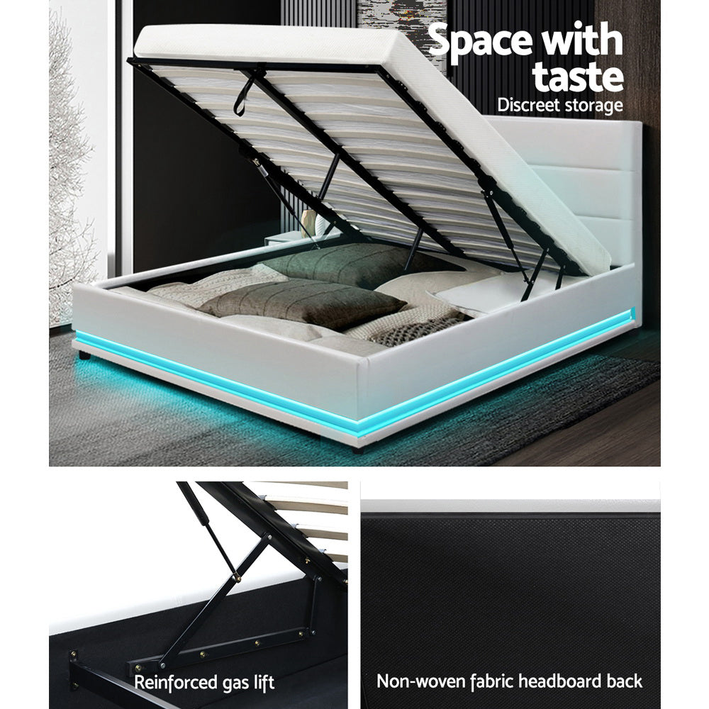 White LUMMI Bed Frame Double Size LED Gas Lift