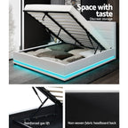 White LUMMI Bed Frame Double Size LED Gas Lift