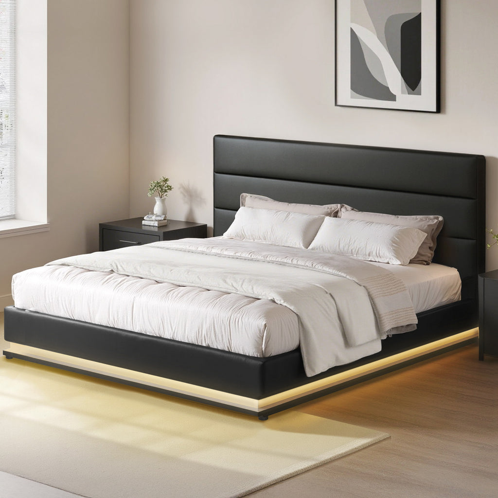 Bed Frame King Size LED Gas Lift Black LUMI