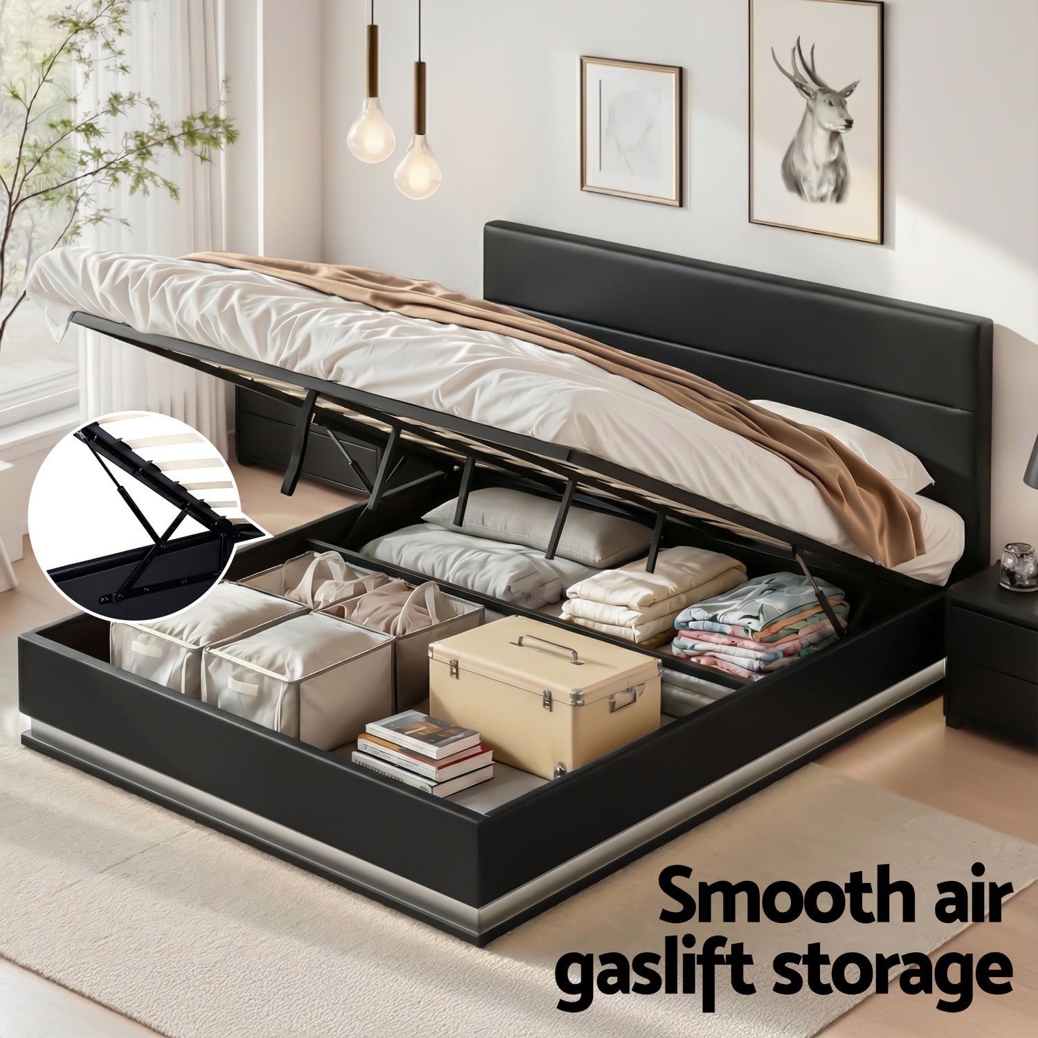 Bed Frame King Size LED Gas Lift Black LUMI