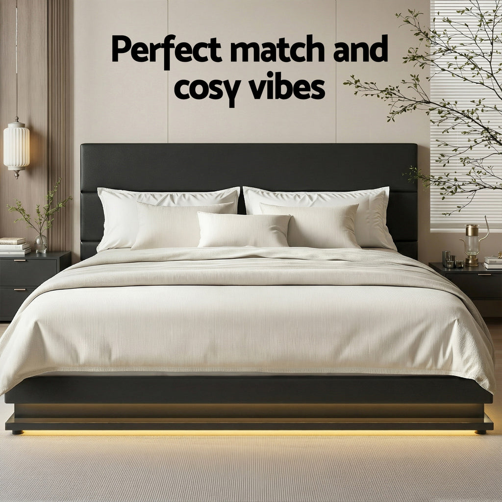 Bed Frame King Size LED Gas Lift Black LUMI
