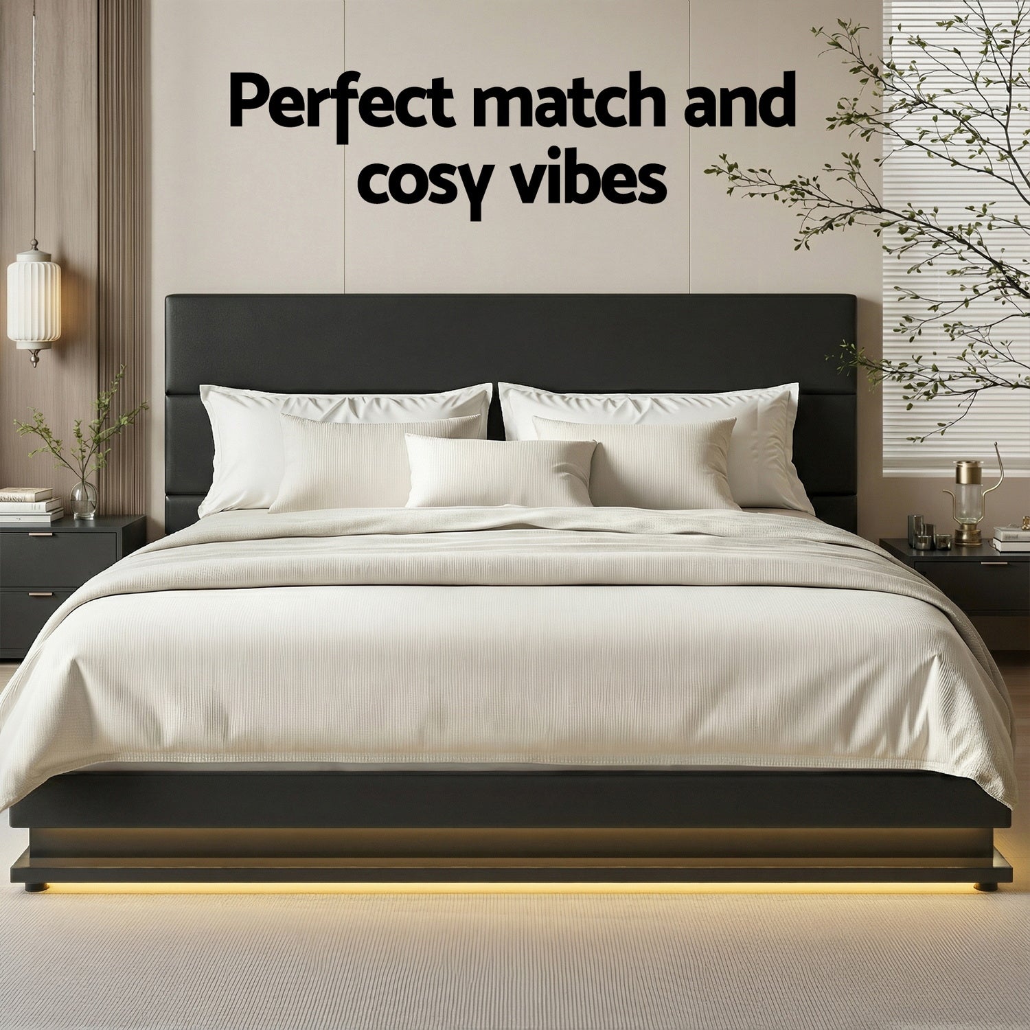 Bed Frame King Size LED Gas Lift Black LUMI