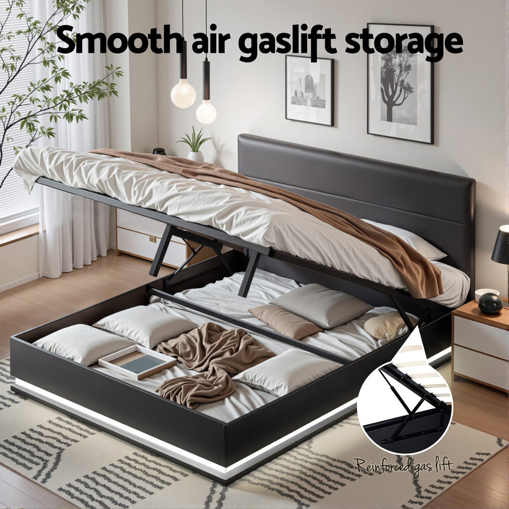 Bed Frame Queen Size LED Gas Lift Black LUMI