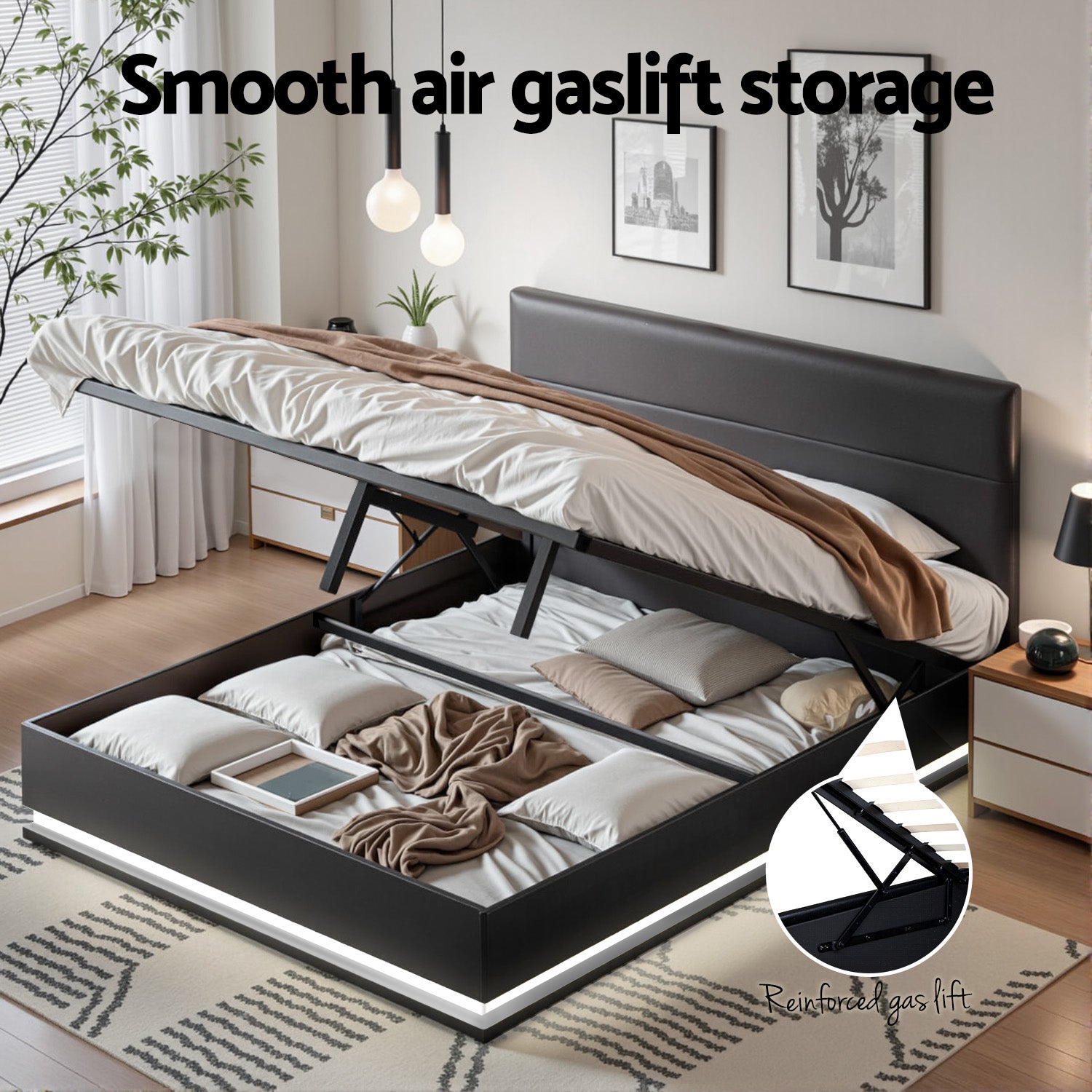 Bed Frame Queen Size LED Gas Lift Black LUMI