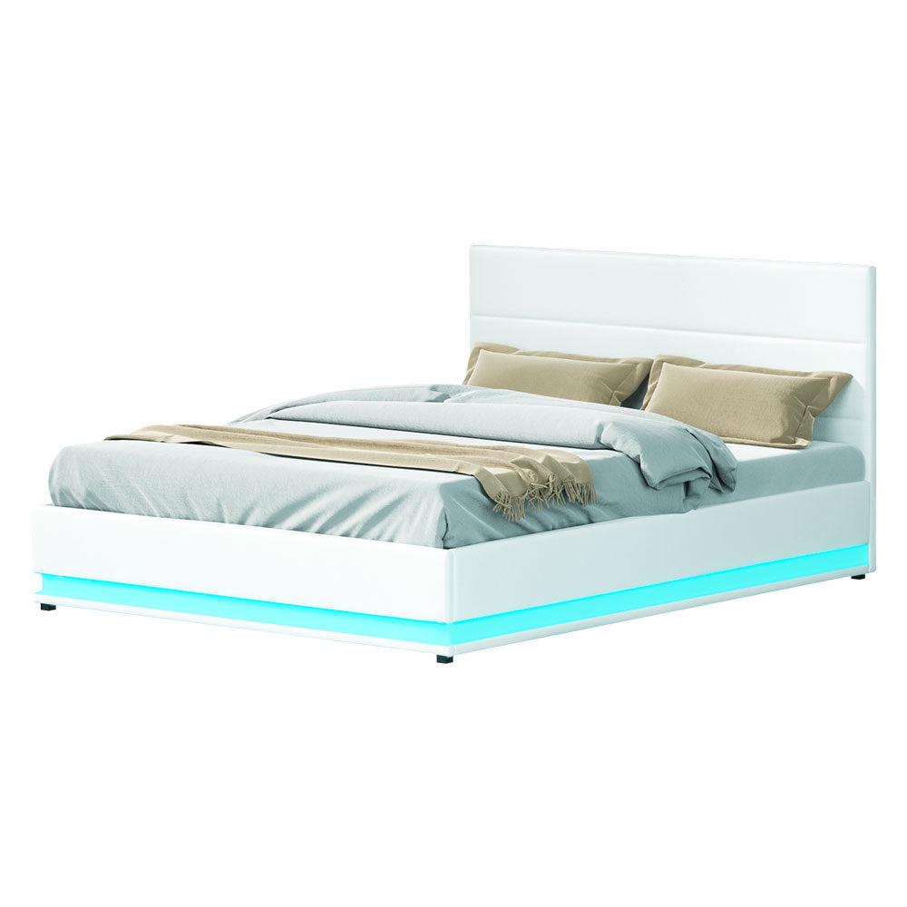 White LED Bed Frame Queen Size LED Gas Lift White