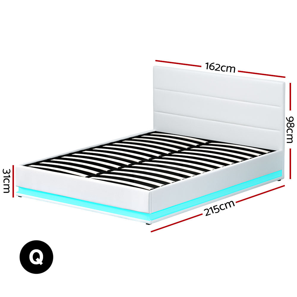 White LED Bed Frame Queen Size LED Gas Lift White