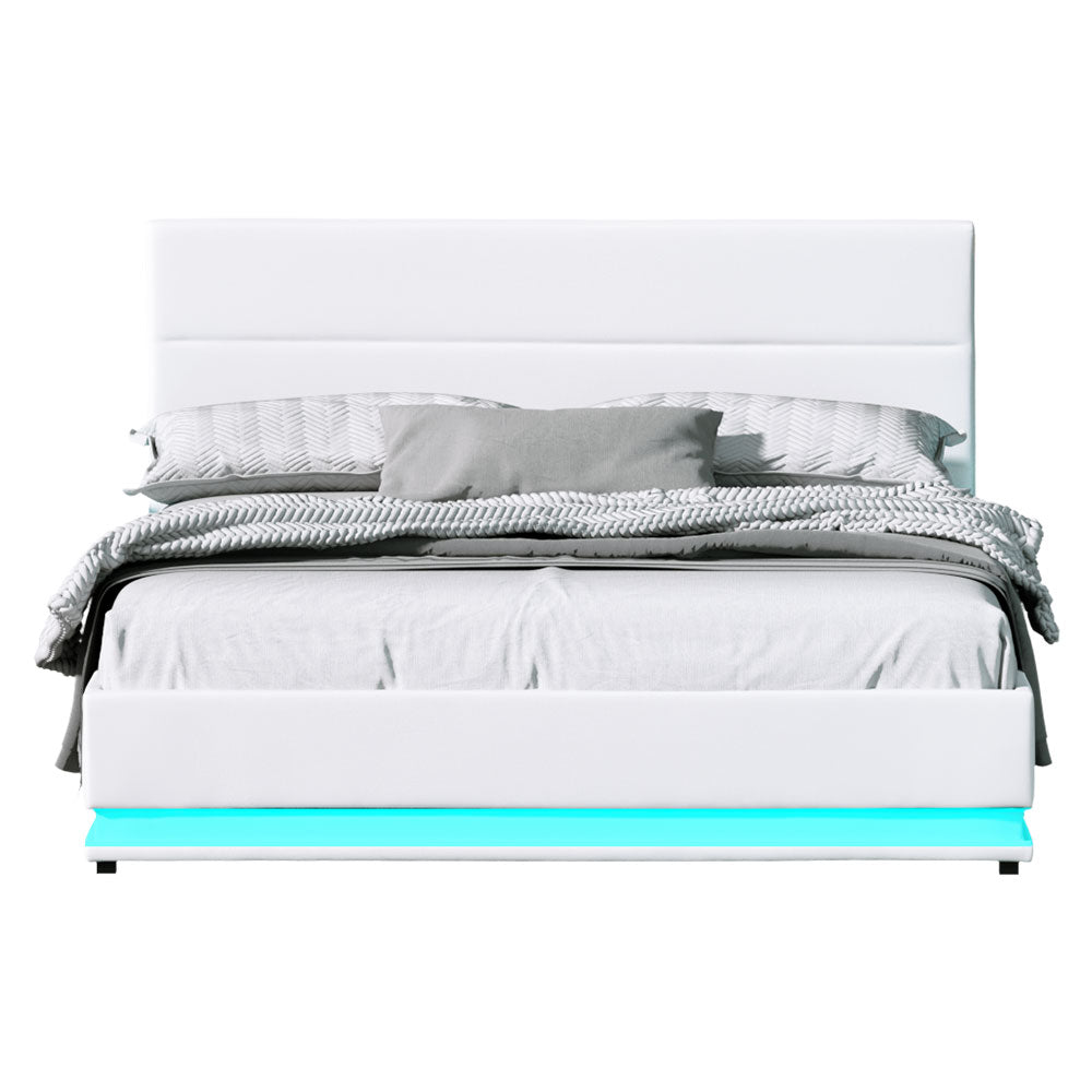 White LED Bed Frame Queen Size LED Gas Lift White